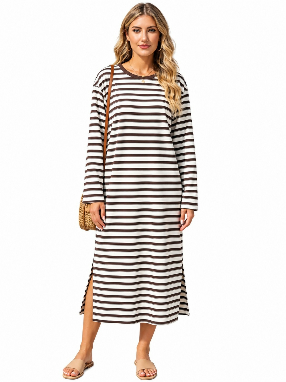 NEW Long Sleeve T-shirt Dress Midi Crewneck 50% Cotton Brown Striped Size M